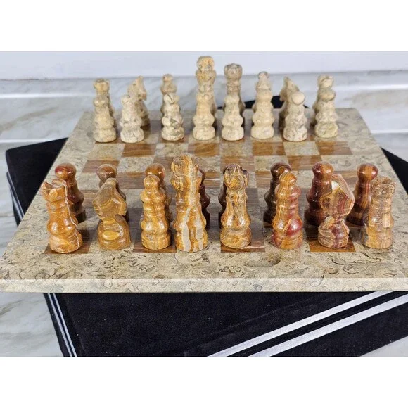 Handmade Marble Chess Set Brown chess Board & Pieces storage box Christmas gift - Picture 10 of 16
